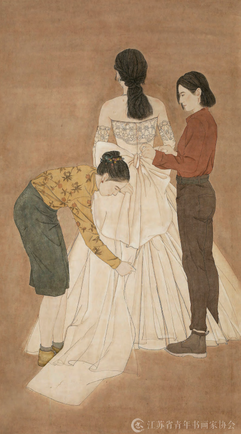 孙月瑶和她创作的工笔画《她》